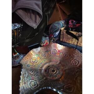 Vtg 9" Fenton Iridescent Carnival Glass CAPTIVE ROSE Ruffle Edge Bowl